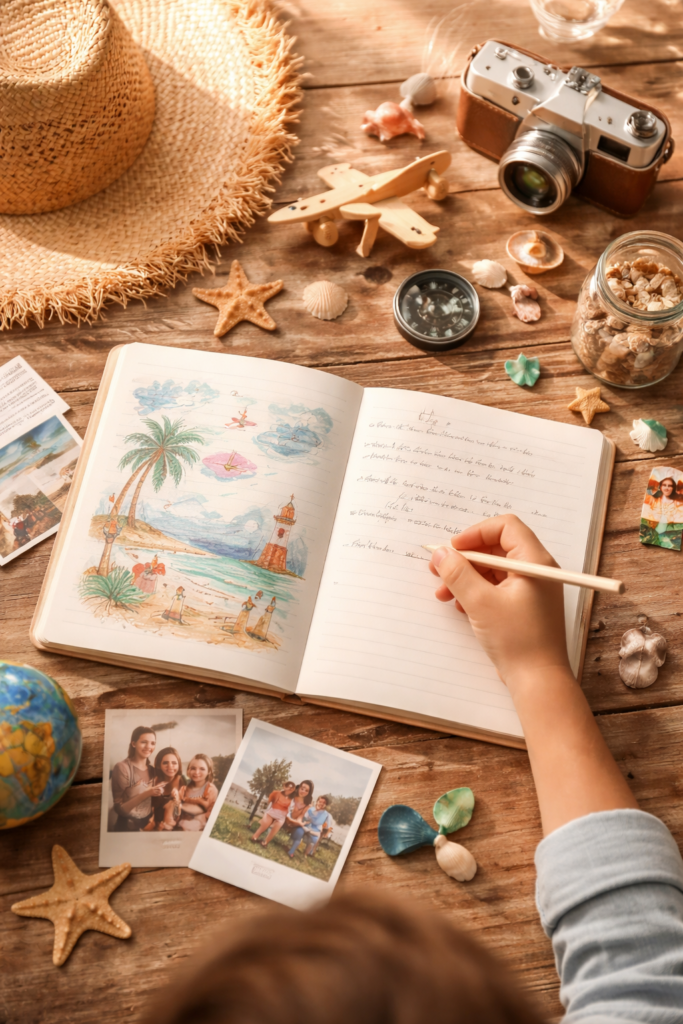 Enfant écrivant dans un carnet de voyage rempli de dessins et souvenirs de vacances en famille