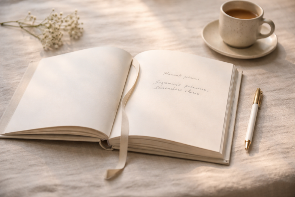 Family Book de RÊV Studio ouvert sur une page de souvenirs, posé dans une lumière douce et naturelle 