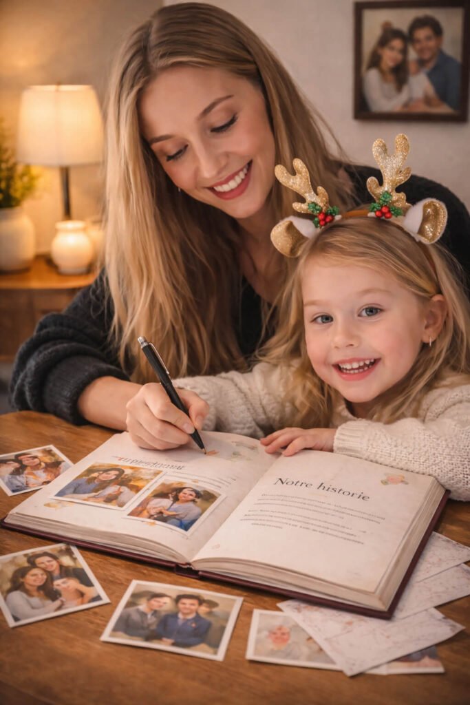 Mère et enfant écrivant dans un livre souvenir famille pour conserver leurs moments précieux