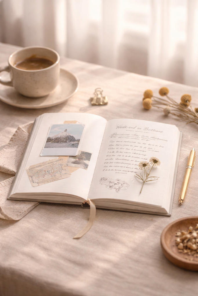 Carnet Travel Book France ouvert avec des pages pour écrire et conserver ses souvenirs de voyage