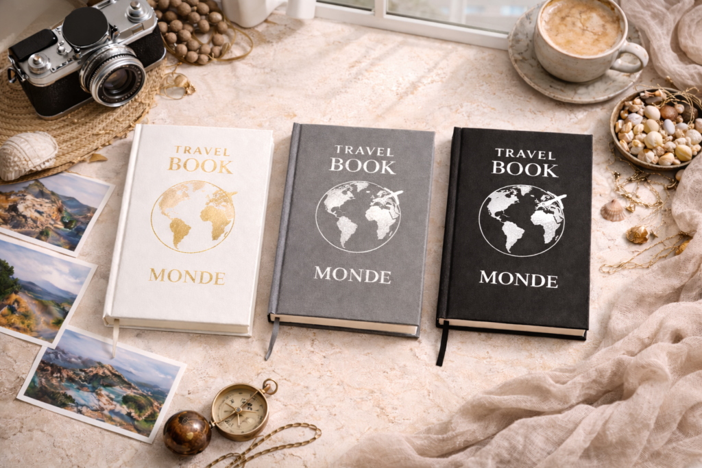 Trois carnets Travel Book RÊV Studio en blanc, gris et noir posés sur une surface lumineuse