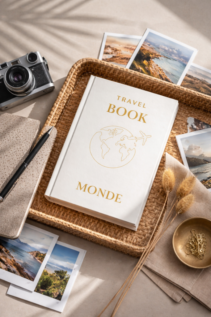 Carnet travel book RÊV studio posé sur une table claire, esprit voyage et souvenirs